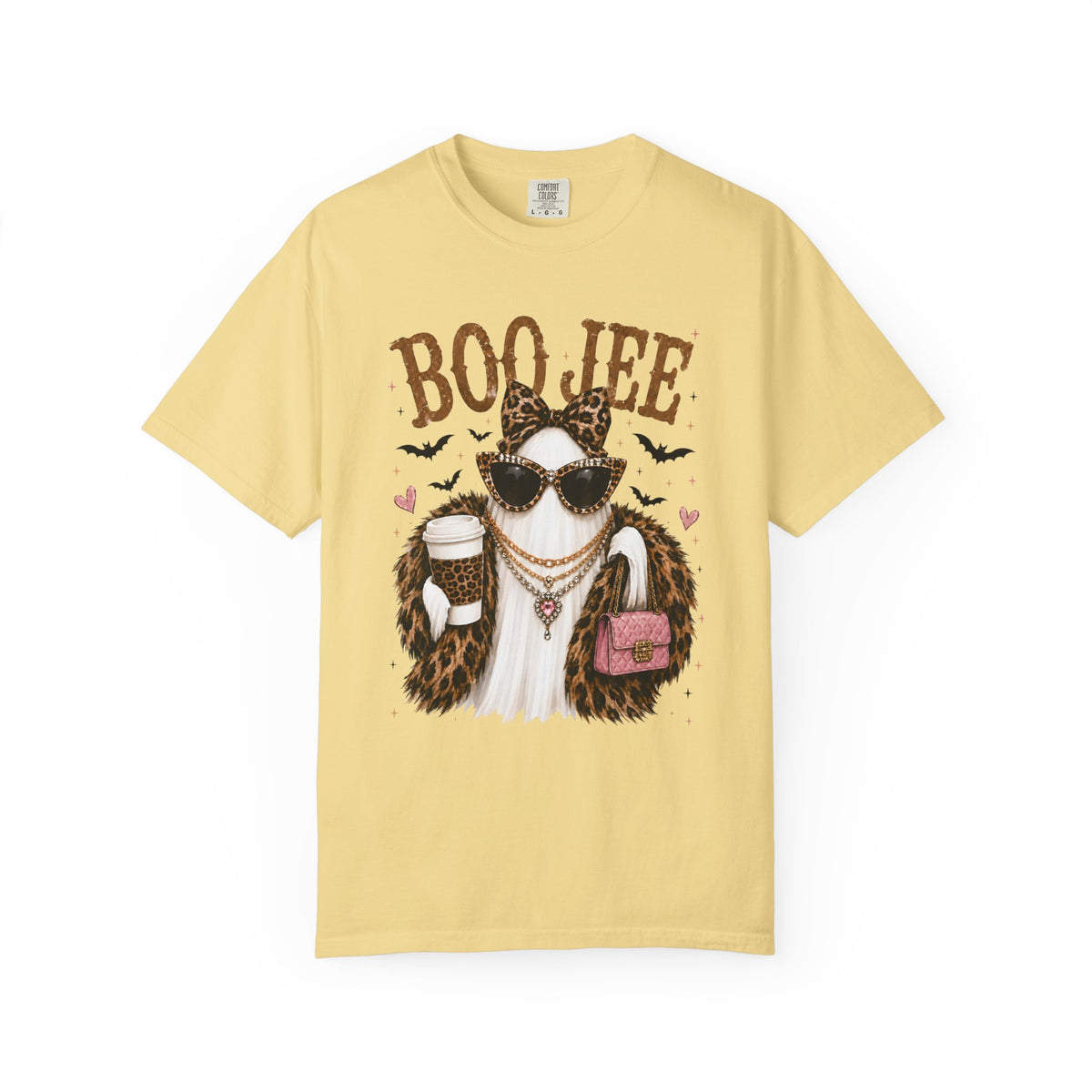 BooJee Ghost with Coffee - Halloween - Comfort Colors | Trendy Women's T-Shirt. Direct to Garment. Printed & Shipped in the USA. Unisex Sizes.