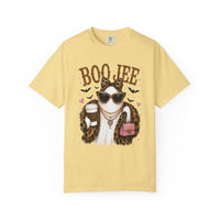BooJee Ghost with Coffee - Halloween - Comfort Colors | Trendy Women's T-Shirt. Direct to Garment. Printed & Shipped in the USA. Unisex Sizes.