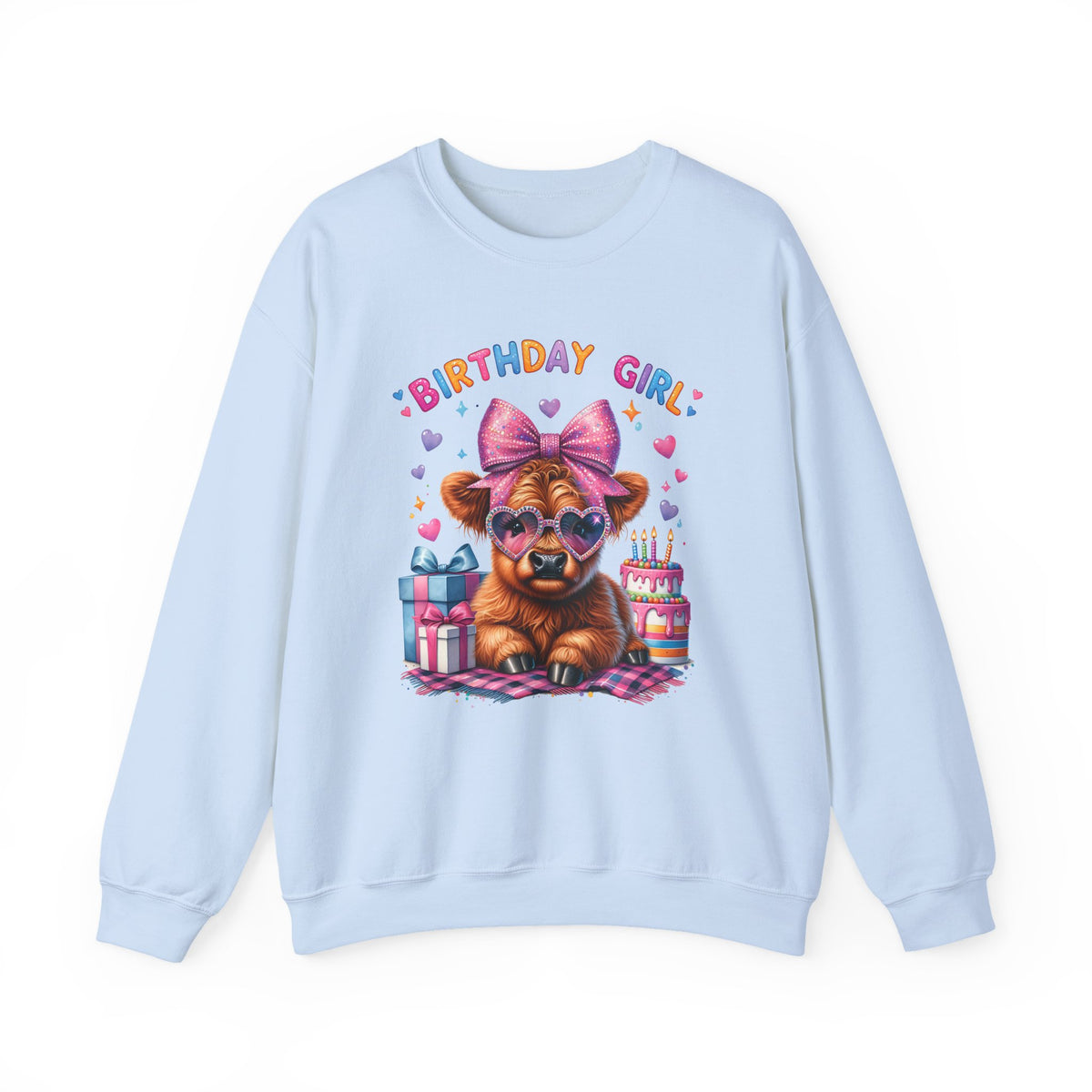 Birthday Girl, Highland Cow – Gildan Heavy Blend | Trendy Women’s Soft Sweatshirt. Direct to Garment. Printed & Shipped in the USA. Unisex Sizes.