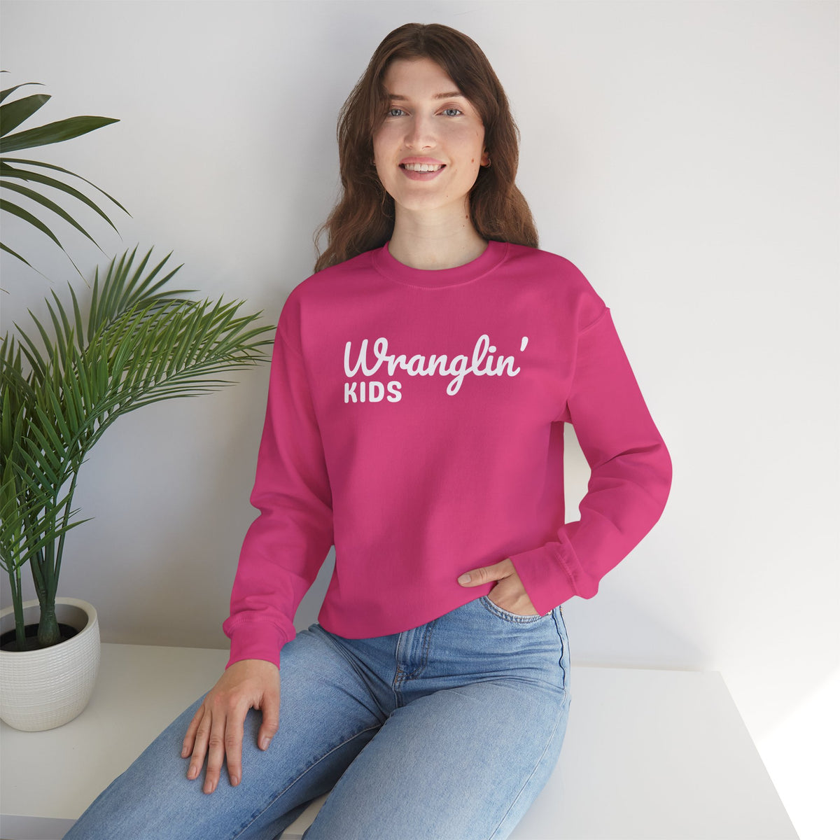 Wranglin' Kids Funny Mom Dad – Gildan Heavy Blend | Trendy Women’s and Men's Soft Sweatshirt. Direct to Garment. Printed & Shipped in the USA. Unisex Sizes.