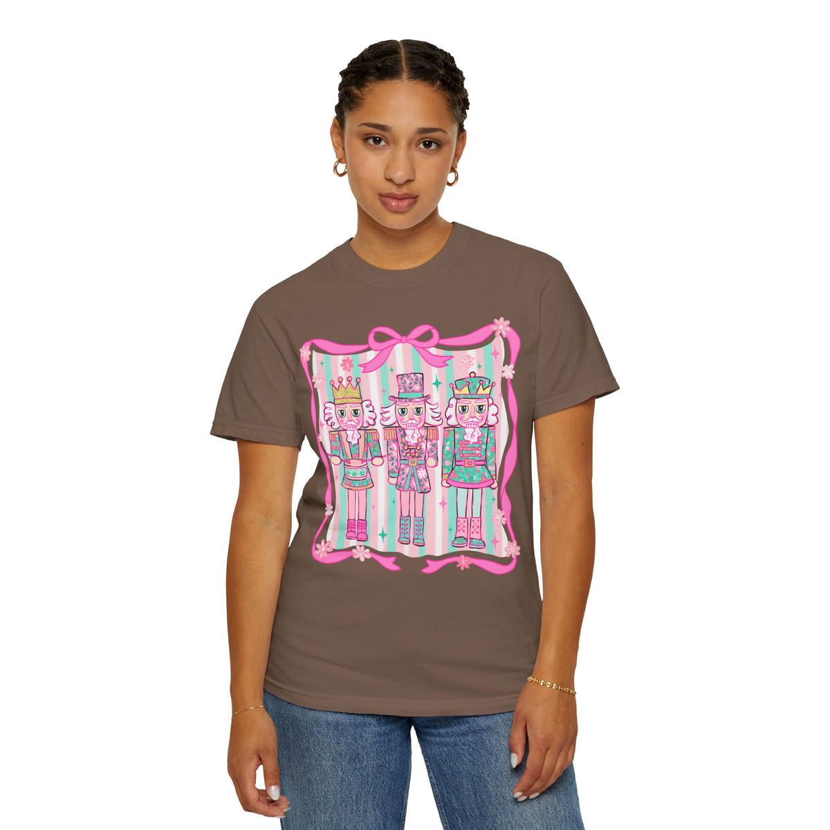 Coquette Pastel Christmas Nutcracker Trio Pink and Green - Comfort Colors | Trendy Women's T-Shirt. Direct to Garment. Printed & Shipped in the USA. Unisex Sizes.
