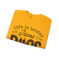 Life is Better With Jesus and My Dogs – Gildan Heavy Blend | Trendy Women’s and Men's Soft Sweatshirt. Direct to Garment. Printed & Shipped in the USA. Unisex Sizes.