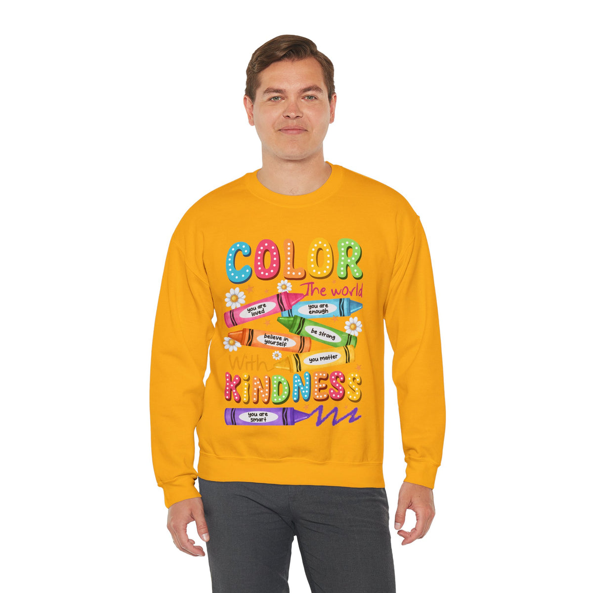 Color the World With Kindness Crayons, Great Teacher Gift – Gildan Heavy Blend | Trendy Women’s and Men's Soft Sweatshirt. Direct to Garment. Printed & Shipped in the USA. Unisex Sizes.