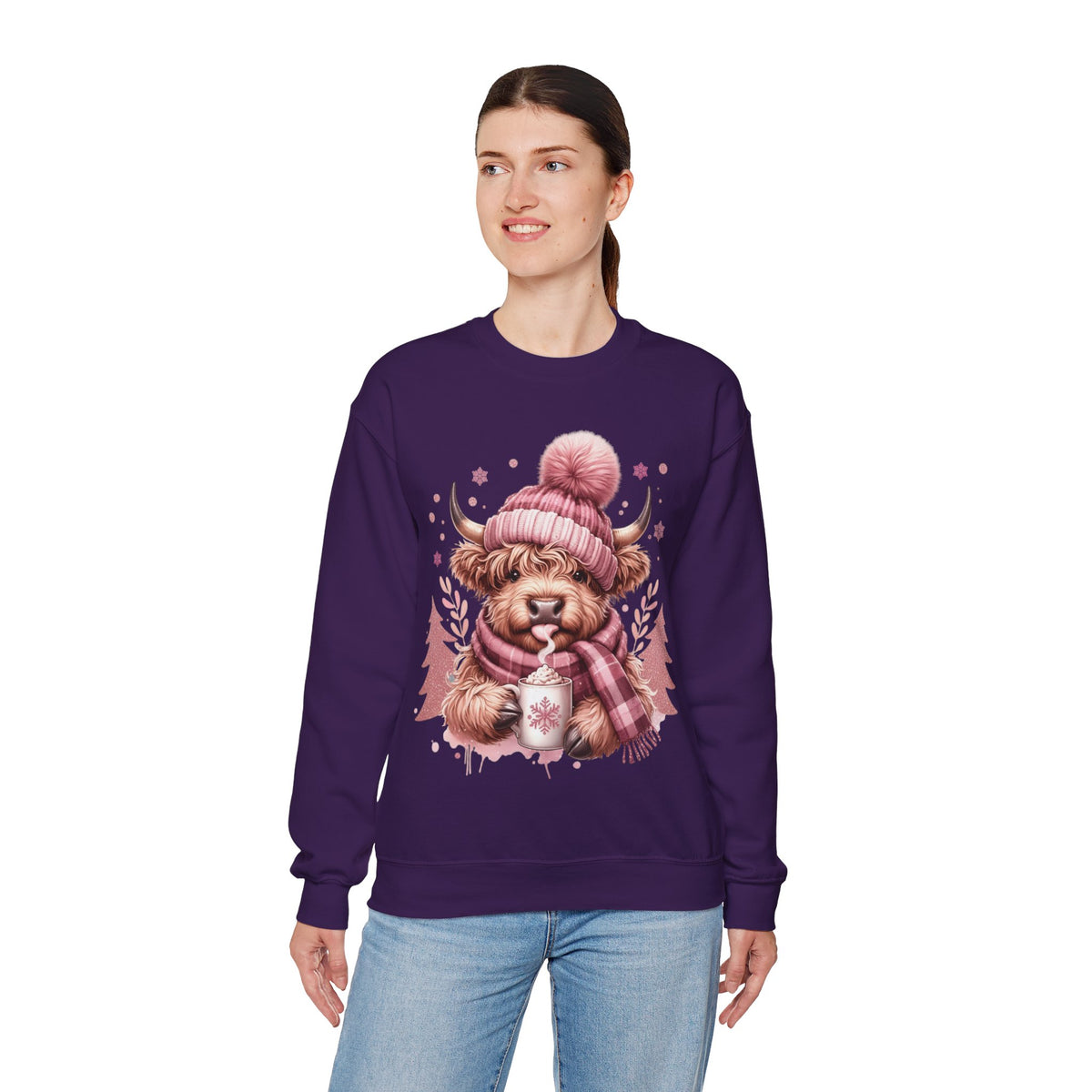 Cozy Highland Cow, Winter Coffee Mug & Scarf Pink – Gildan Heavy Blend | Trendy Women’s Soft Sweatshirt. Direct to Garment. Printed & Shipped in the USA. Unisex Sizes.