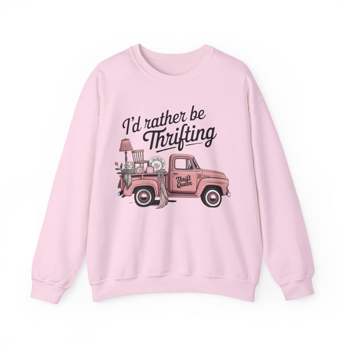 I'd Rather Be Thrifting. Pink Vintage Truck – Gildan Heavy Blend | Trendy Women’s Soft Sweatshirt. Direct to Garment. Printed & Shipped in the USA. Unisex Sizes.