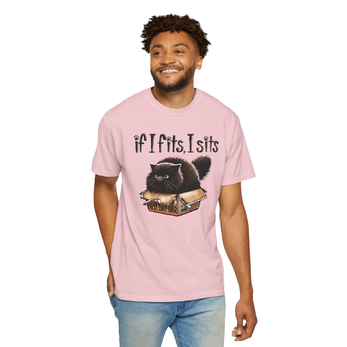 If I Fits I Sits, Cat in a Box - Comfort Colors | Trendy Women's and Men's T-Shirt. Direct to Garment. Printed & Shipped in the USA. Unisex Sizes.