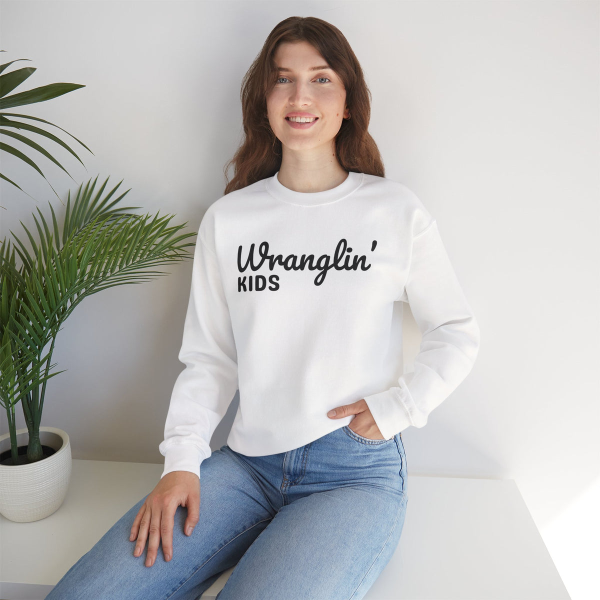 Wranglin' Kids Funny Mom Dad – Gildan Heavy Blend | Trendy Women’s and Men's Soft Sweatshirt. Direct to Garment. Printed & Shipped in the USA. Unisex Sizes.