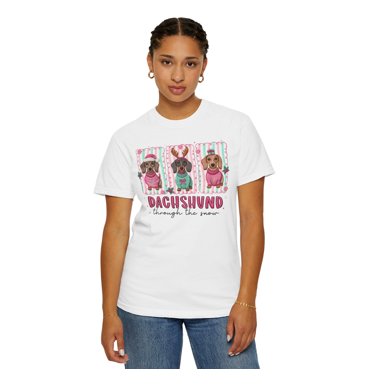 Dachshund Through the Snow - Comfort Colors | Trendy Women's T-Shirt. Direct to Garment. Printed & Shipped in the USA. Unisex Sizes.