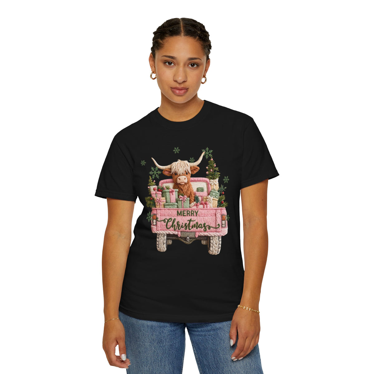 Highland Cow in Pink Truck Merry Christmas Holiday Farmhouse - Comfort Colors | Trendy Women's T-Shirt. Direct to Garment. Printed & Shipped in the USA. Unisex Sizes.