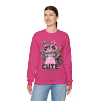 Cute But Feral, Raccoon in Pink Bibs – Gildan Heavy Blend | Trendy Women’s Soft Sweatshirt. Direct to Garment. Printed & Shipped in the USA. Unisex Sizes.