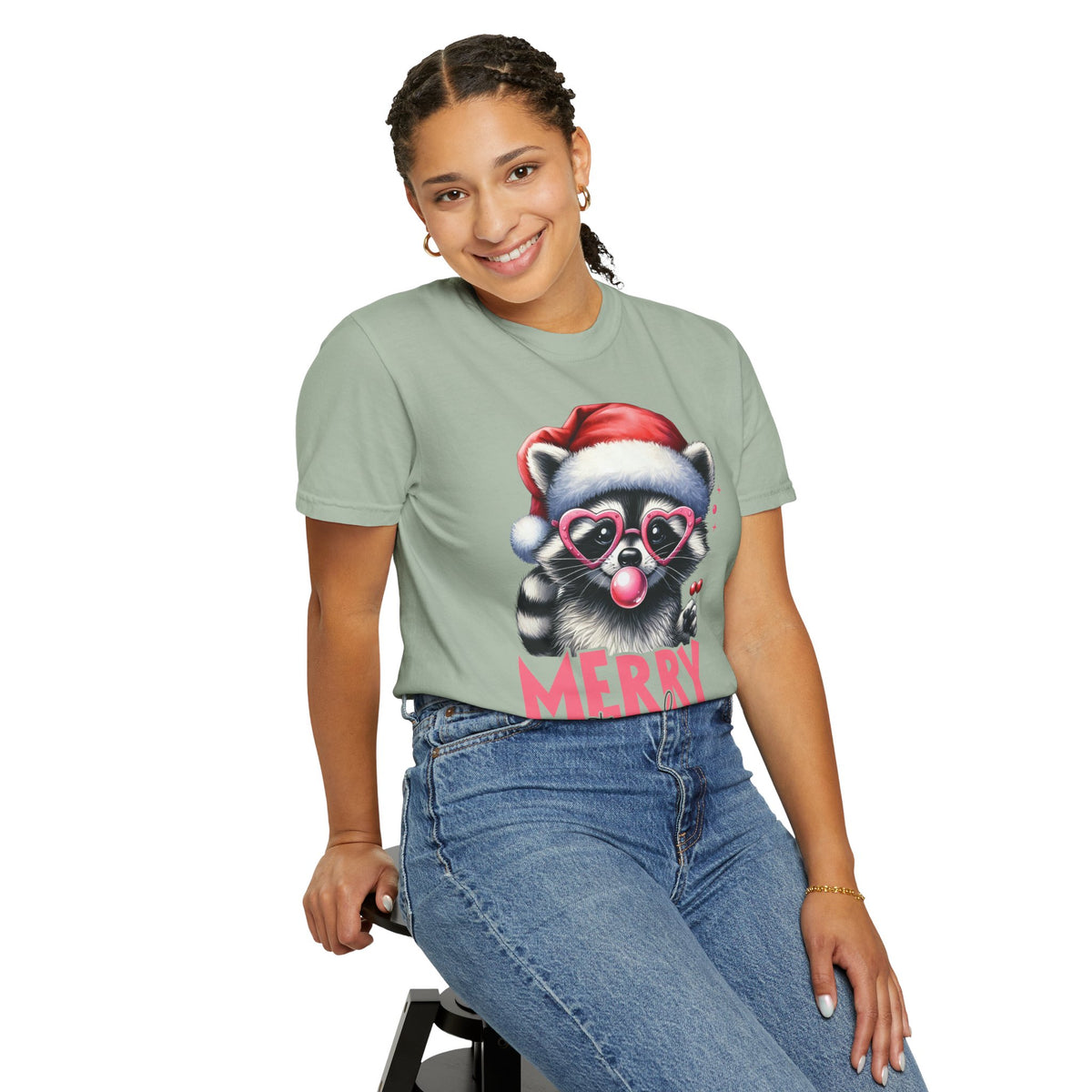 Merry Trashmas Bubblegum Raccoon w/Santa Hat Christmas - Comfort Colors | Trendy Women's T-Shirt. Direct to Garment. Printed & Shipped in the USA. Unisex Sizes.