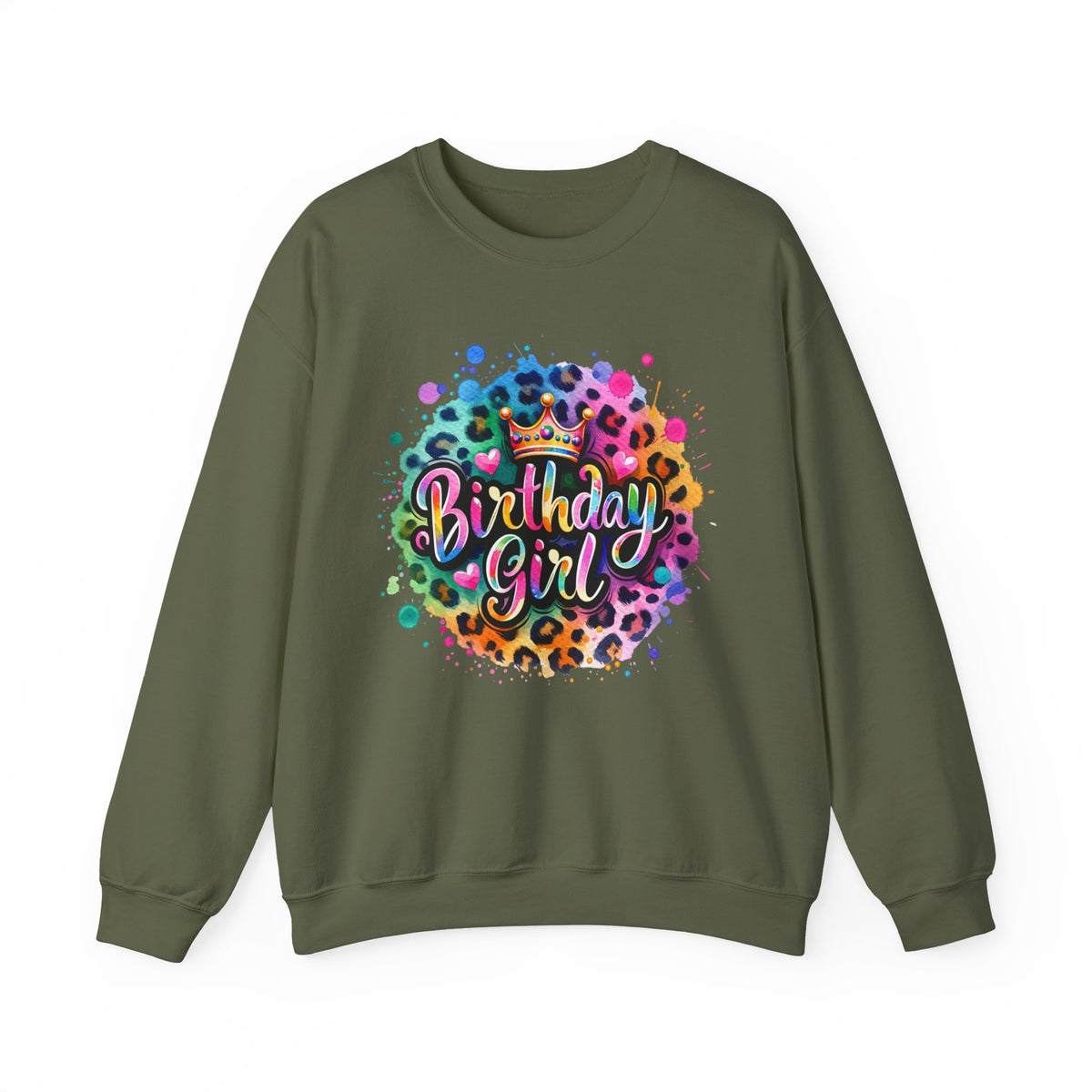 Birthday Girl, Neon Leopard – Gildan Heavy Blend | Trendy Women’s Soft Sweatshirt. Direct to Garment. Printed & Shipped in the USA. Unisex Sizes.