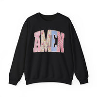 Pastel faux Patchwork AMEN with faux Pearls – Gildan Heavy Blend | Trendy Women’s Soft Sweatshirt. Direct to Garment. Printed & Shipped in the USA. Unisex Sizes.