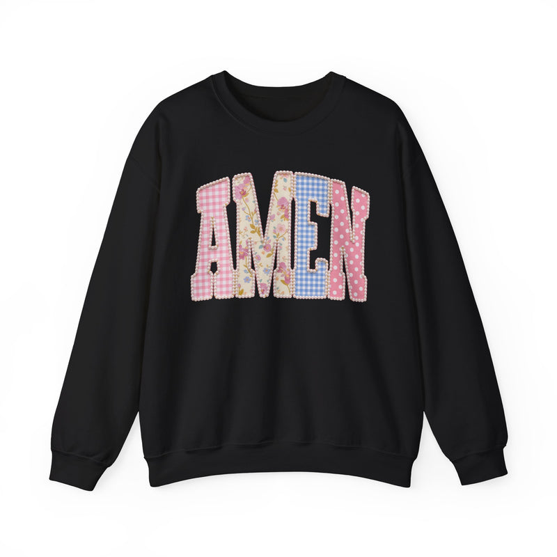 Pastel faux Patchwork AMEN with faux Pearls – Gildan Heavy Blend | Trendy Women’s Soft Sweatshirt. Direct to Garment. Printed & Shipped in the USA. Unisex Sizes.