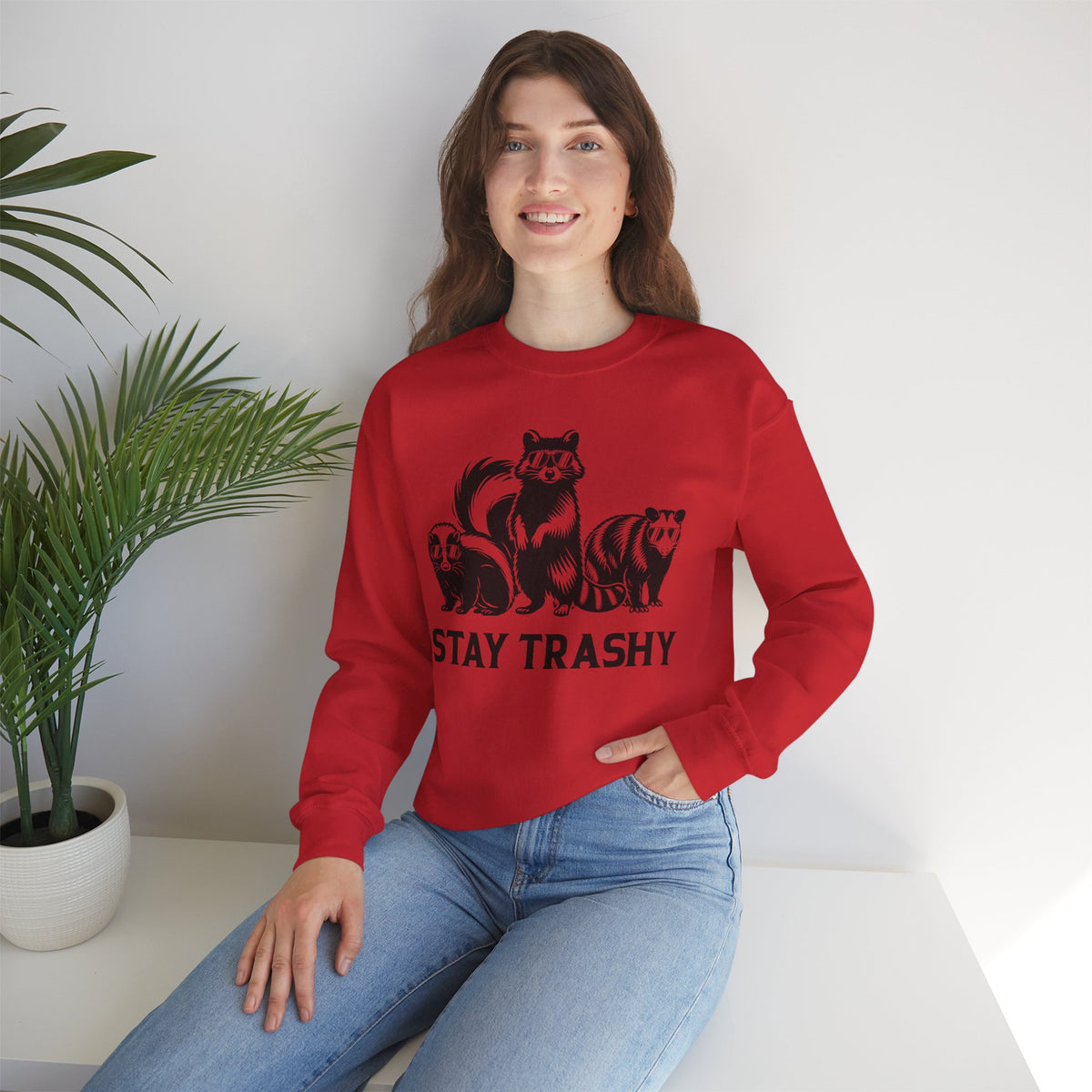 Stay Trashy, Skunk Raccoon Possum – Gildan Heavy Blend | Trendy Women’s and Men's Soft Sweatshirt. Direct to Garment. Printed & Shipped in the USA. Unisex Sizes.