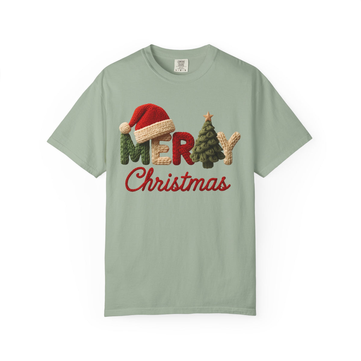 Merry Christmas Faux Yarn w/Santa Hat & Tree - Comfort Colors | Trendy Women's T-Shirt. Direct to Garment. Printed & Shipped in the USA. Unisex Sizes.