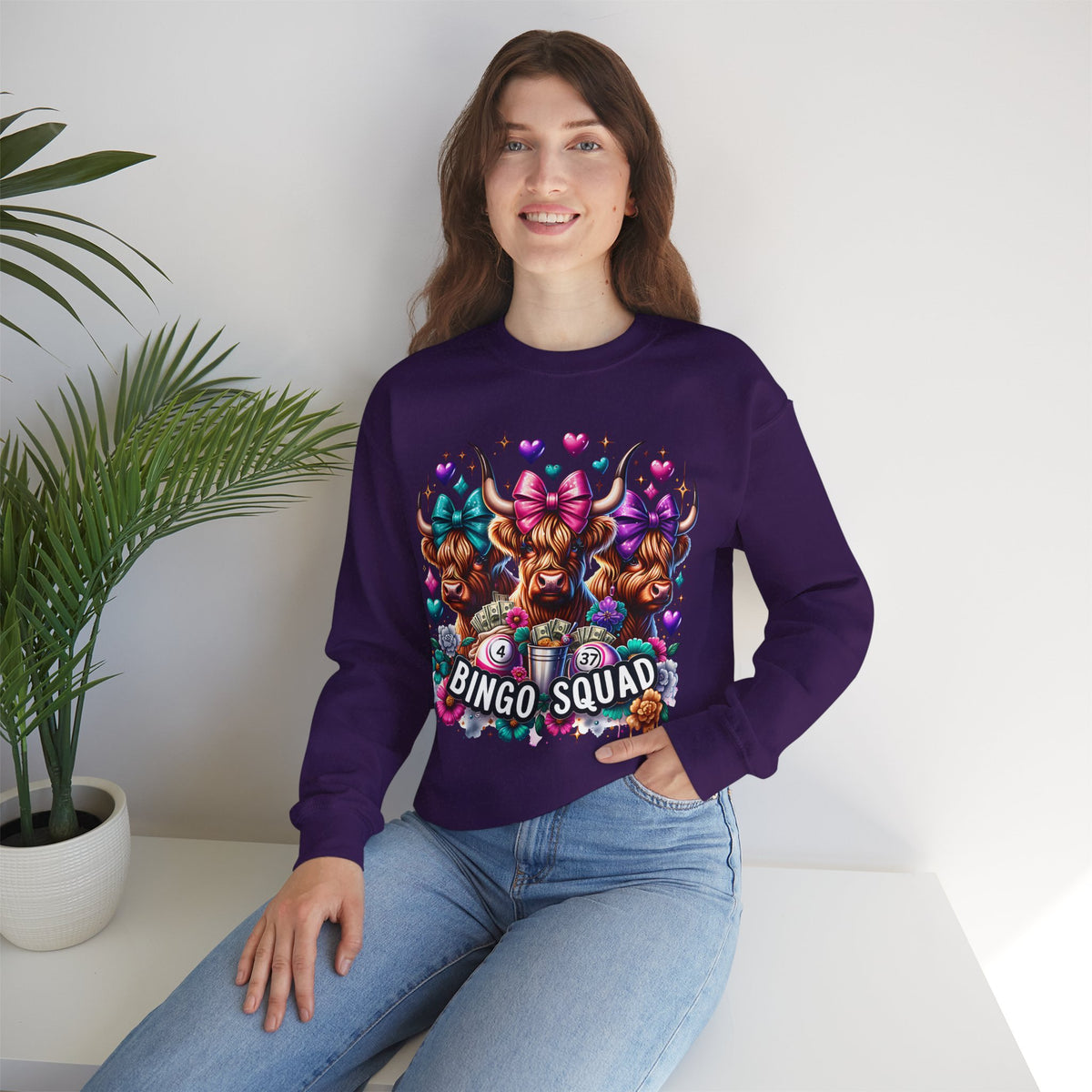 Cute Highland Cows Bingo Squad – Gildan Heavy Blend | Trendy Women’s Soft Sweatshirt. Direct to Garment. Printed & Shipped in the USA. Unisex Sizes.
