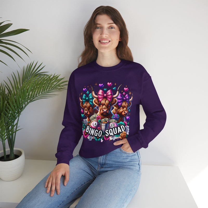 Cute Highland Cows Bingo Squad – Gildan Heavy Blend | Trendy Women’s Soft Sweatshirt. Direct to Garment. Printed & Shipped in the USA. Unisex Sizes.