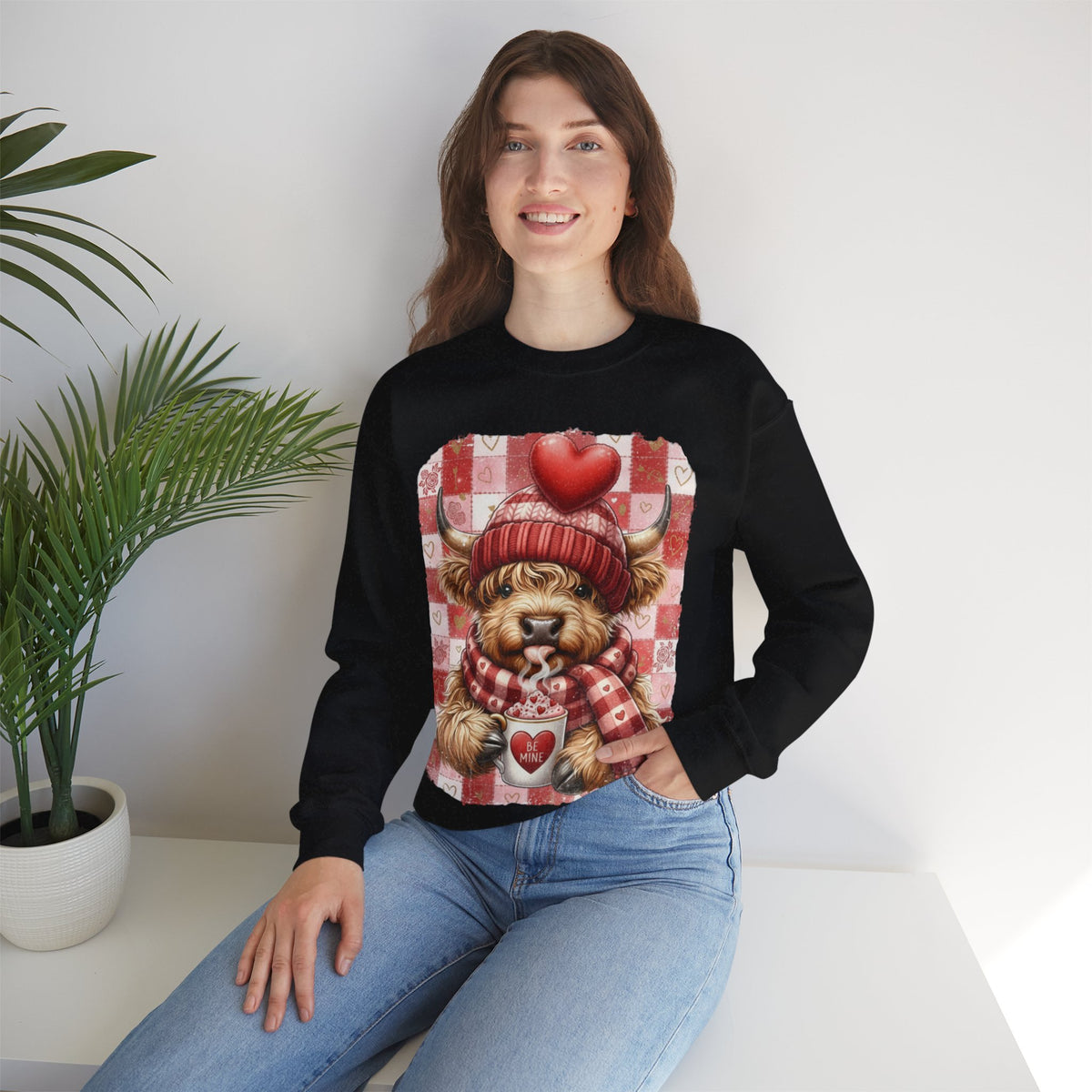 Highland Cow Be Mine, Red Checkered – Gildan Heavy Blend | Trendy Women’s Soft Sweatshirt. Direct to Garment. Printed & Shipped in the USA. Unisex Sizes.