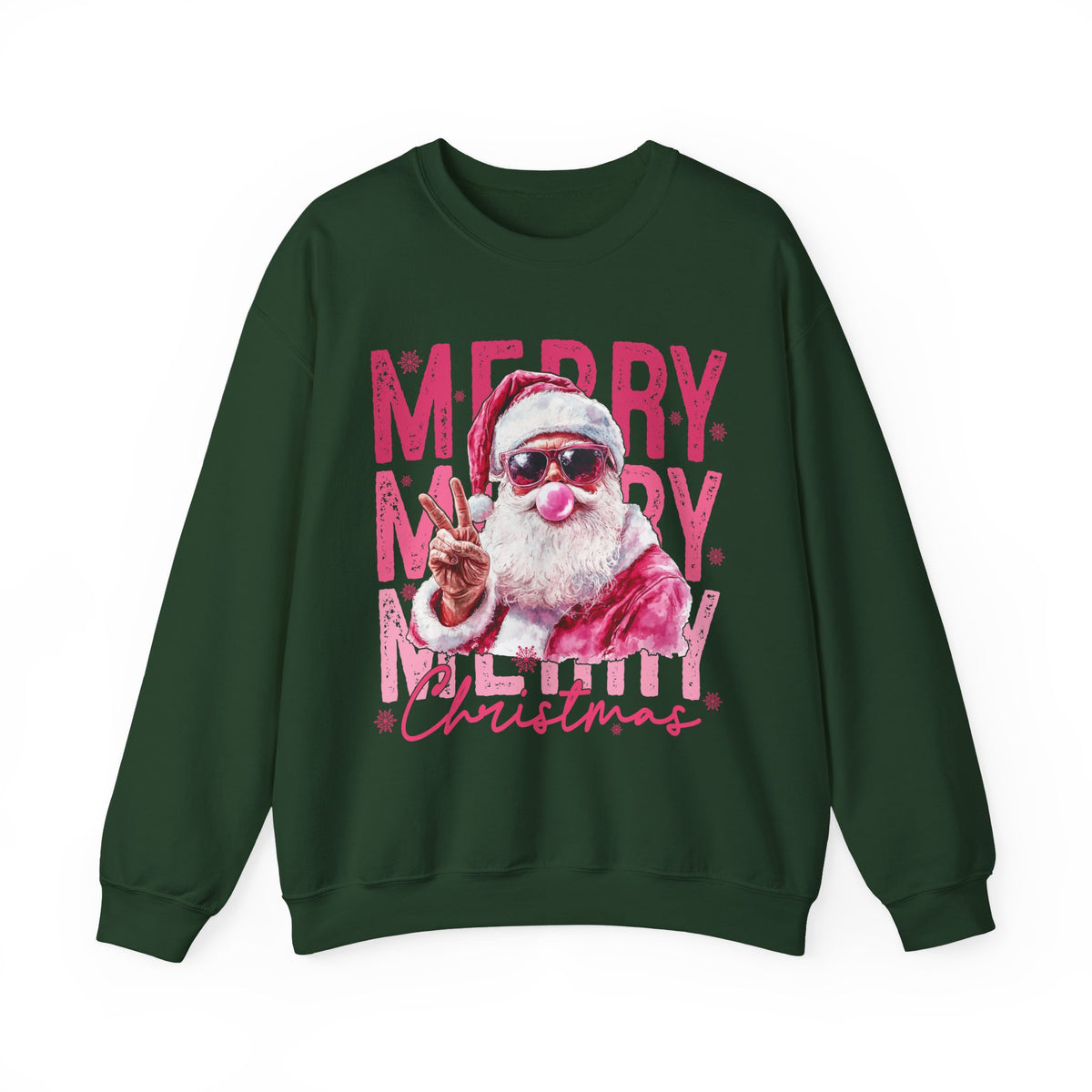Pink Merry Christmas Bubblegum Santa – Gildan Heavy Blend | Trendy Women’s Soft Sweatshirt. Direct to Garment. Printed & Shipped in the USA. Unisex Sizes.