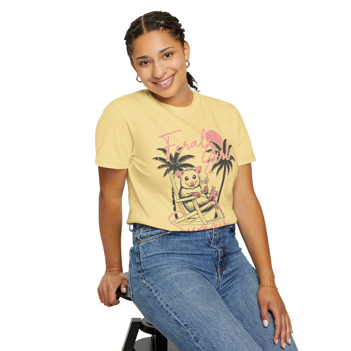 Feral Girl Summer, Possum on a Beach - Comfort Colors | Trendy Women's T-Shirt. Direct to Garment. Printed & Shipped in the USA. Unisex Sizes.