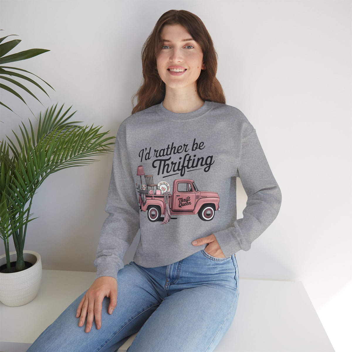 I'd Rather Be Thrifting. Pink Vintage Truck – Gildan Heavy Blend | Trendy Women’s Soft Sweatshirt. Direct to Garment. Printed & Shipped in the USA. Unisex Sizes.