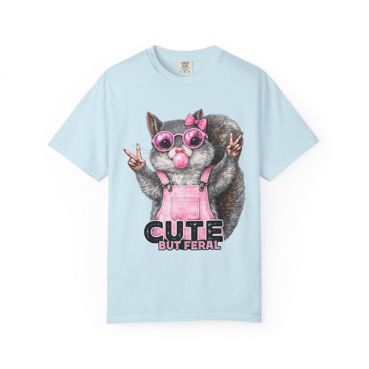 Cute But Feral, Squirrel in Pink Bibs - Comfort Colors | Trendy Women's T-Shirt. Direct to Garment. Printed & Shipped in the USA. Unisex Sizes.