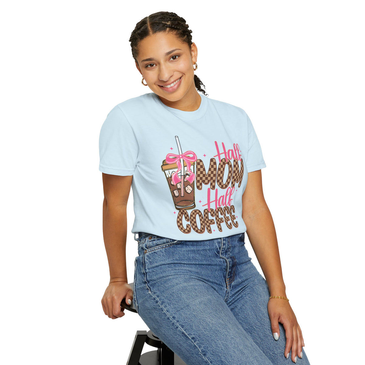 Half Mom Half Coffee. Cute Leopard Print Coffee Design - Comfort Colors | Trendy Women's T-Shirt. Direct to Garment. Printed & Shipped in the USA. Unisex Sizes.