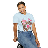 Half Mom Half Coffee. Cute Leopard Print Coffee Design - Comfort Colors | Trendy Women's T-Shirt. Direct to Garment. Printed & Shipped in the USA. Unisex Sizes.
