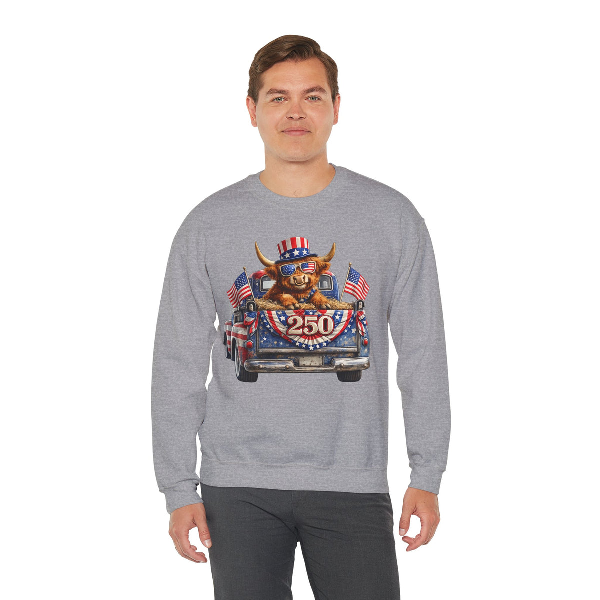 Patriotic Highland, America's 250th Birthday – Gildan Heavy Blend | Trendy Women’s and Men's Soft Sweatshirt. Direct to Garment. Printed & Shipped in the USA. Unisex Sizes.