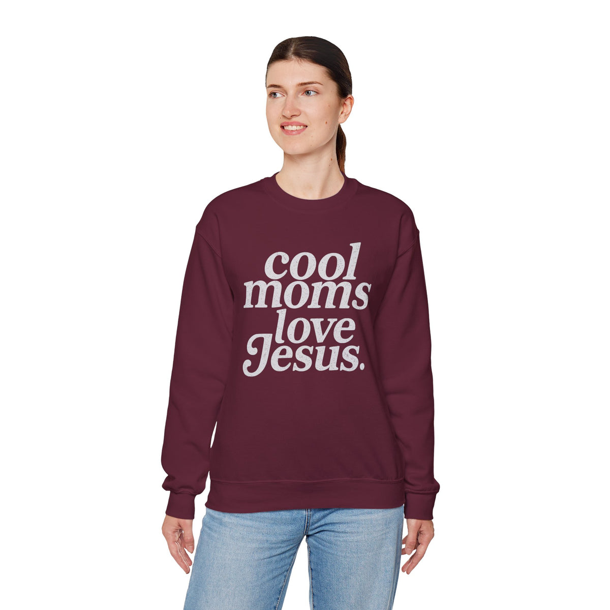 Cool Moms Love Jesus – Gildan Heavy Blend | Trendy Women’s Soft Sweatshirt. Direct to Garment. Printed & Shipped in the USA. Unisex Sizes.