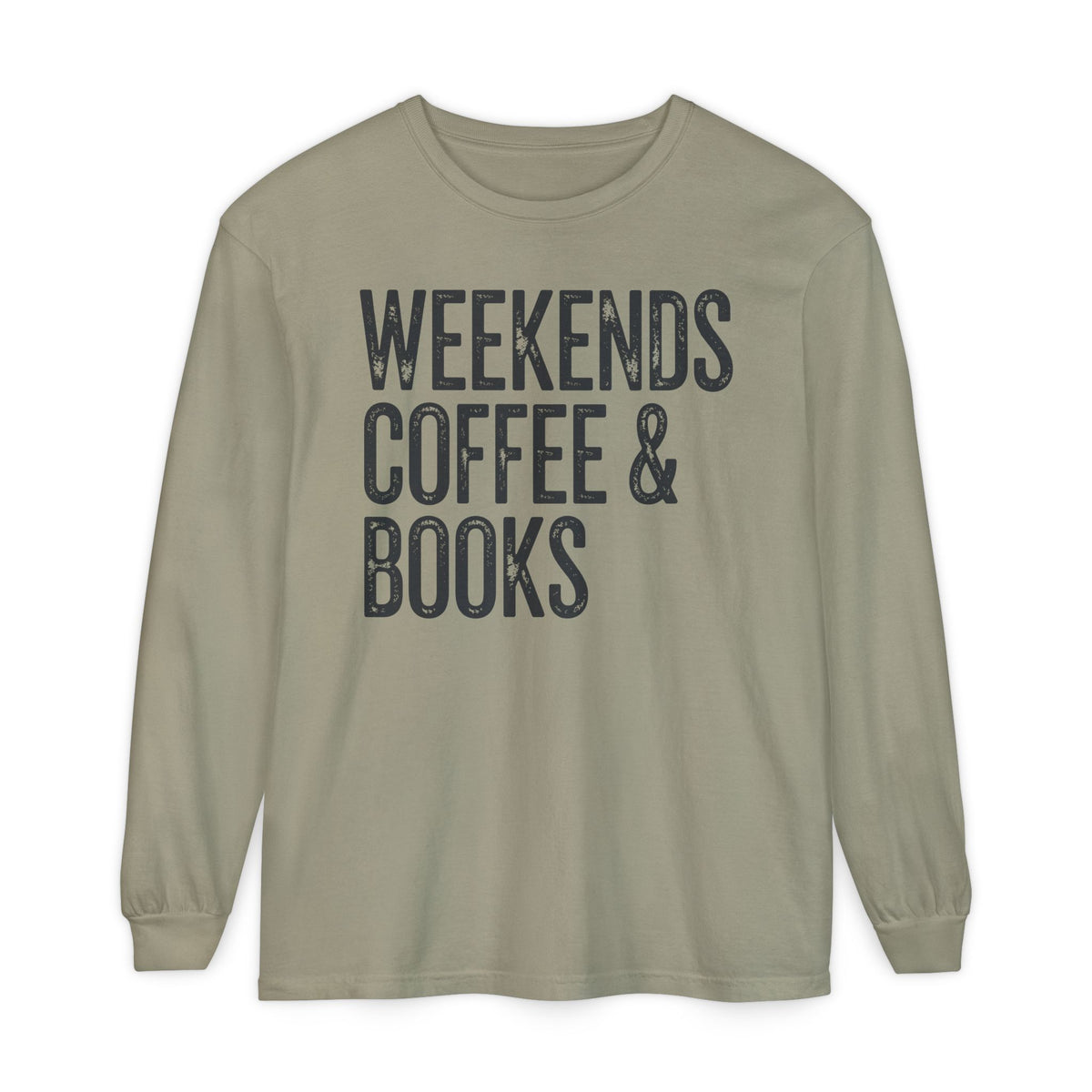 Weekends, Coffee & Books - Comfort Colors | Trendy Women's and Men's Long Sleeve T-Shirt. Direct to Garment. Printed & Shipped in the USA. Unisex Sizes.