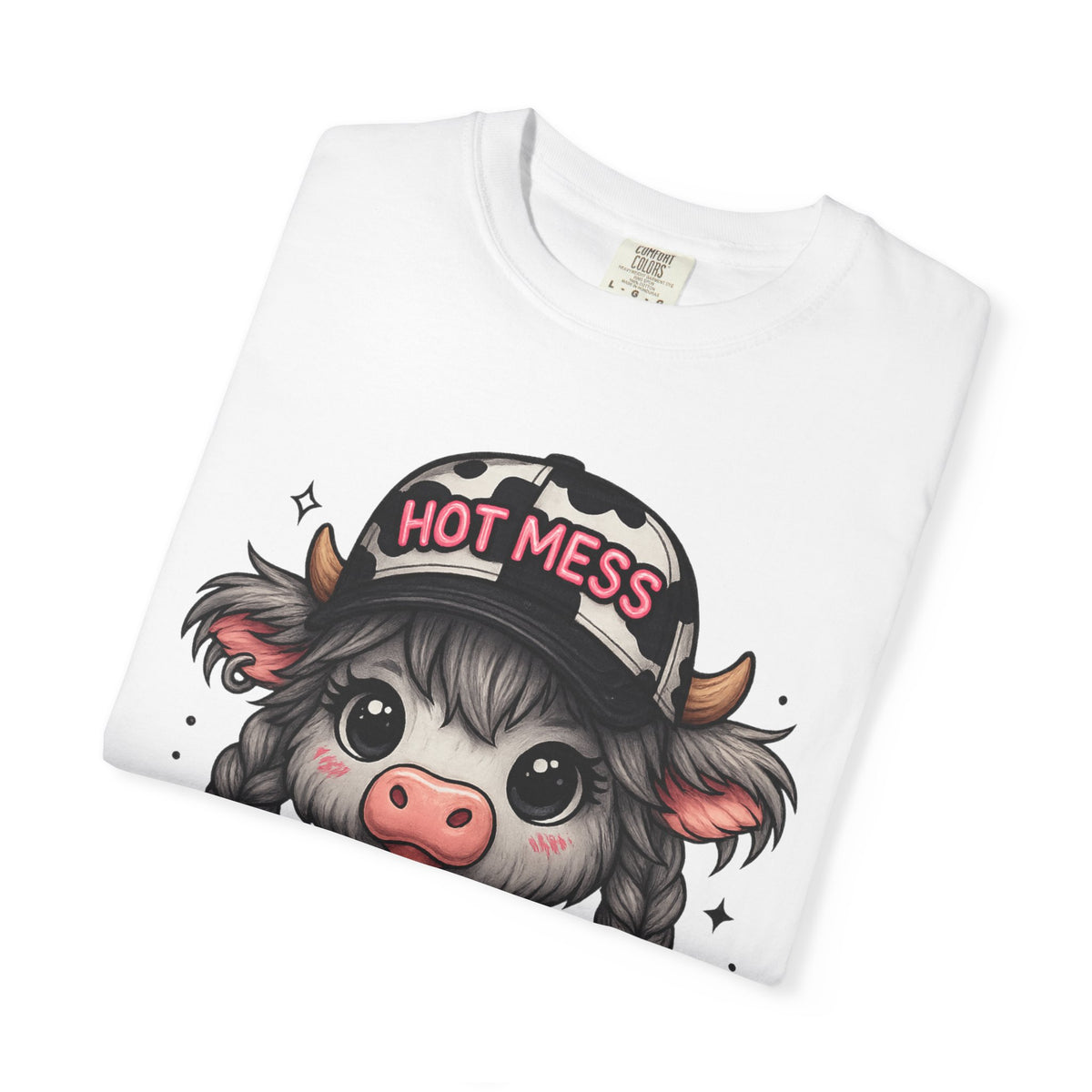 Cute Highland Cow 'Hot Mess' In Braids  - Comfort Colors | Trendy Women's T-Shirt. Direct to Garment. Printed & Shipped in the USA. Unisex Sizes.