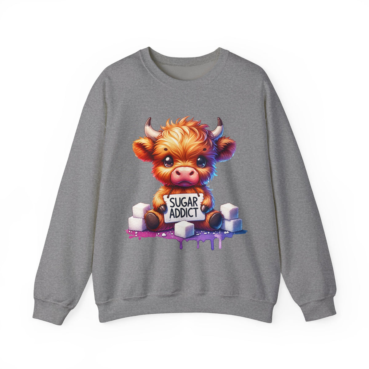 Sugar Addict Highland Cow – Gildan Heavy Blend | Trendy Women’s Soft Sweatshirt. Direct to Garment. Printed & Shipped in the USA. Unisex Sizes.