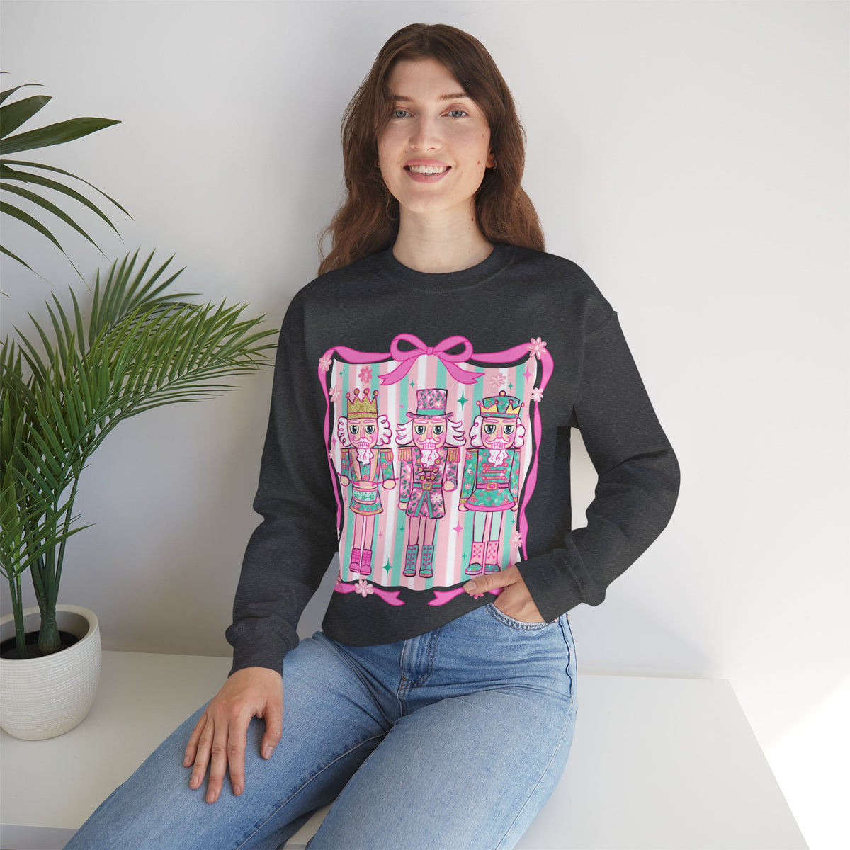 Coquette Pastel Christmas Nutcracker Trio Pink and Green – Gildan Heavy Blend | Trendy Women’s Soft Sweatshirt. Direct to Garment. Printed & Shipped in the USA. Unisex Sizes.