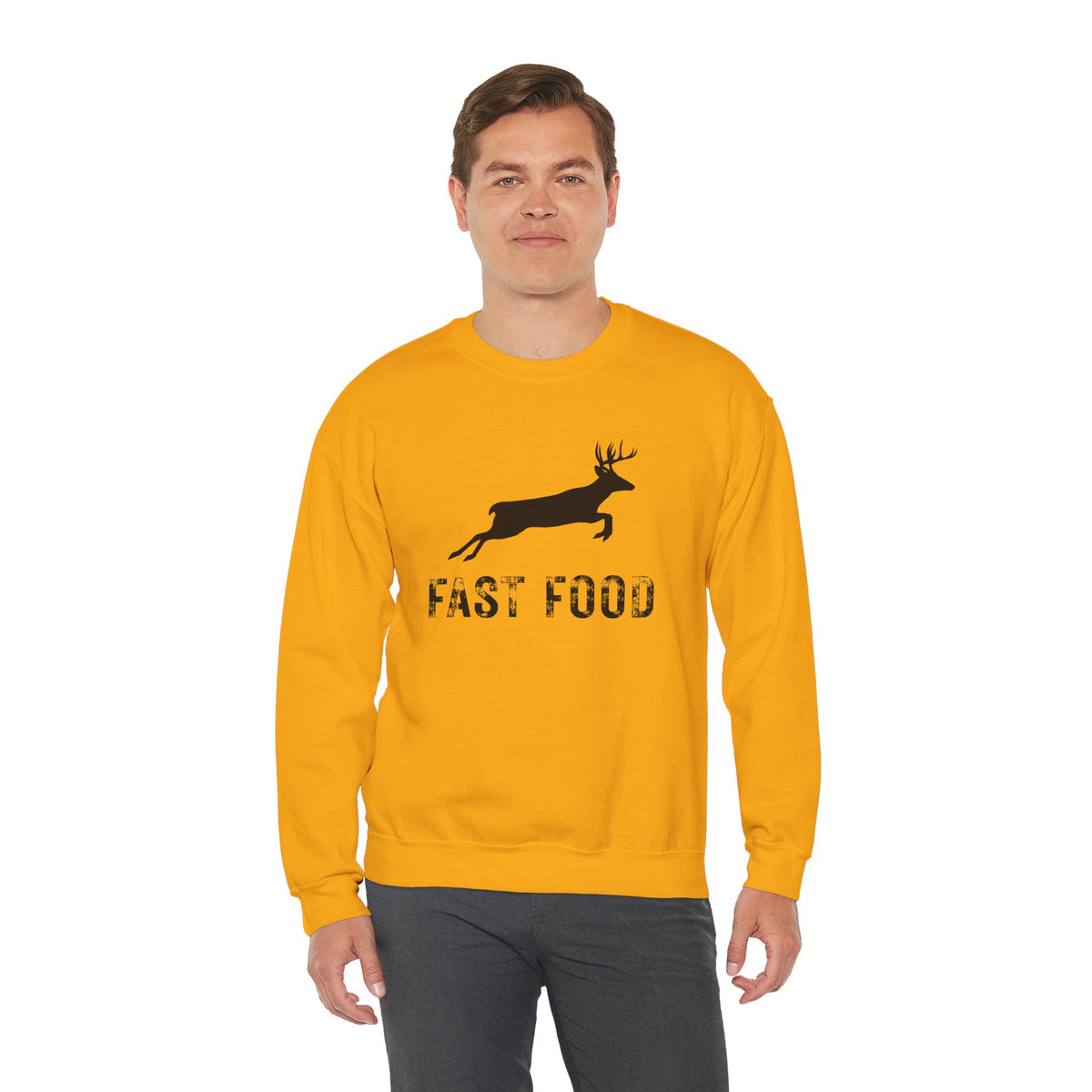 Fast Food Deer Hunting Humor Distressed – Gildan Heavy Blend | Trendy Men's and Women’s Soft Sweatshirt. Direct to Garment. Printed & Shipped in the USA. Unisex Sizes.
