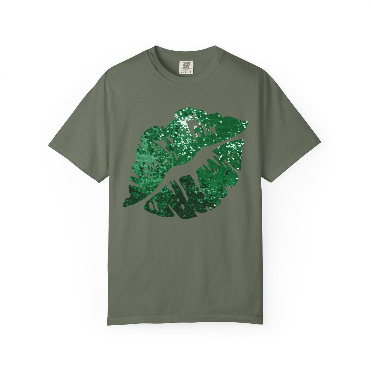 Green Faux Glitter Kiss - Comfort Colors | Trendy Women's T-Shirt. Direct to Garment. Printed & Shipped in the USA. Unisex Sizes.