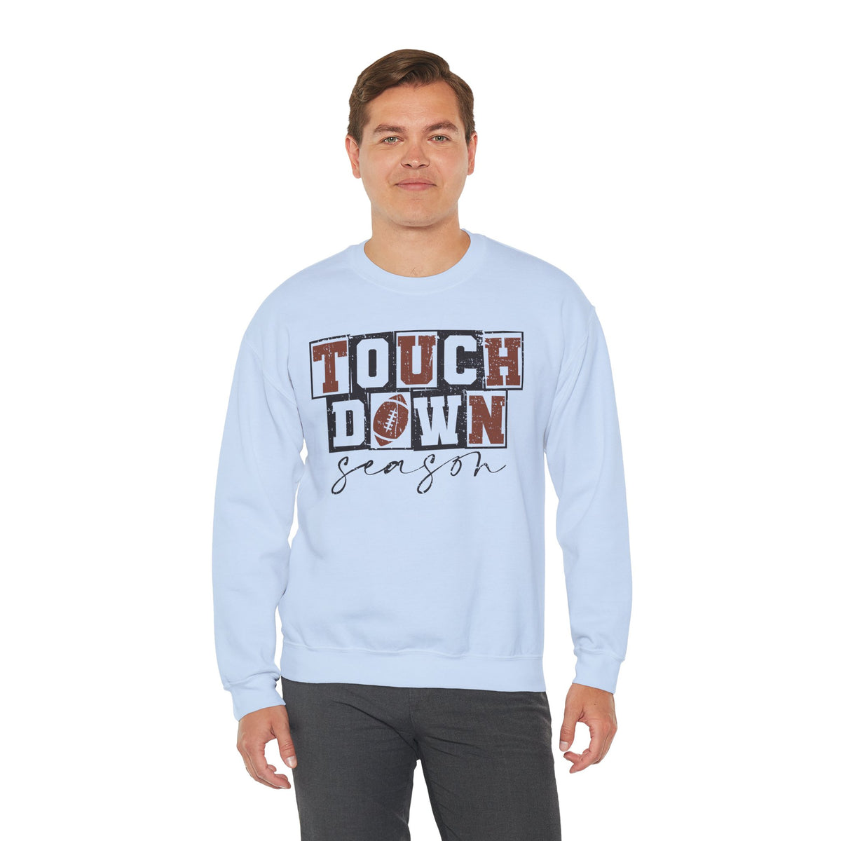 Touchdown Season - Distressed – Gildan Heavy Blend | Trendy Men's and Women’s Soft Sweatshirt. Direct to Garment. Printed & Shipped in the USA. Unisex Sizes.