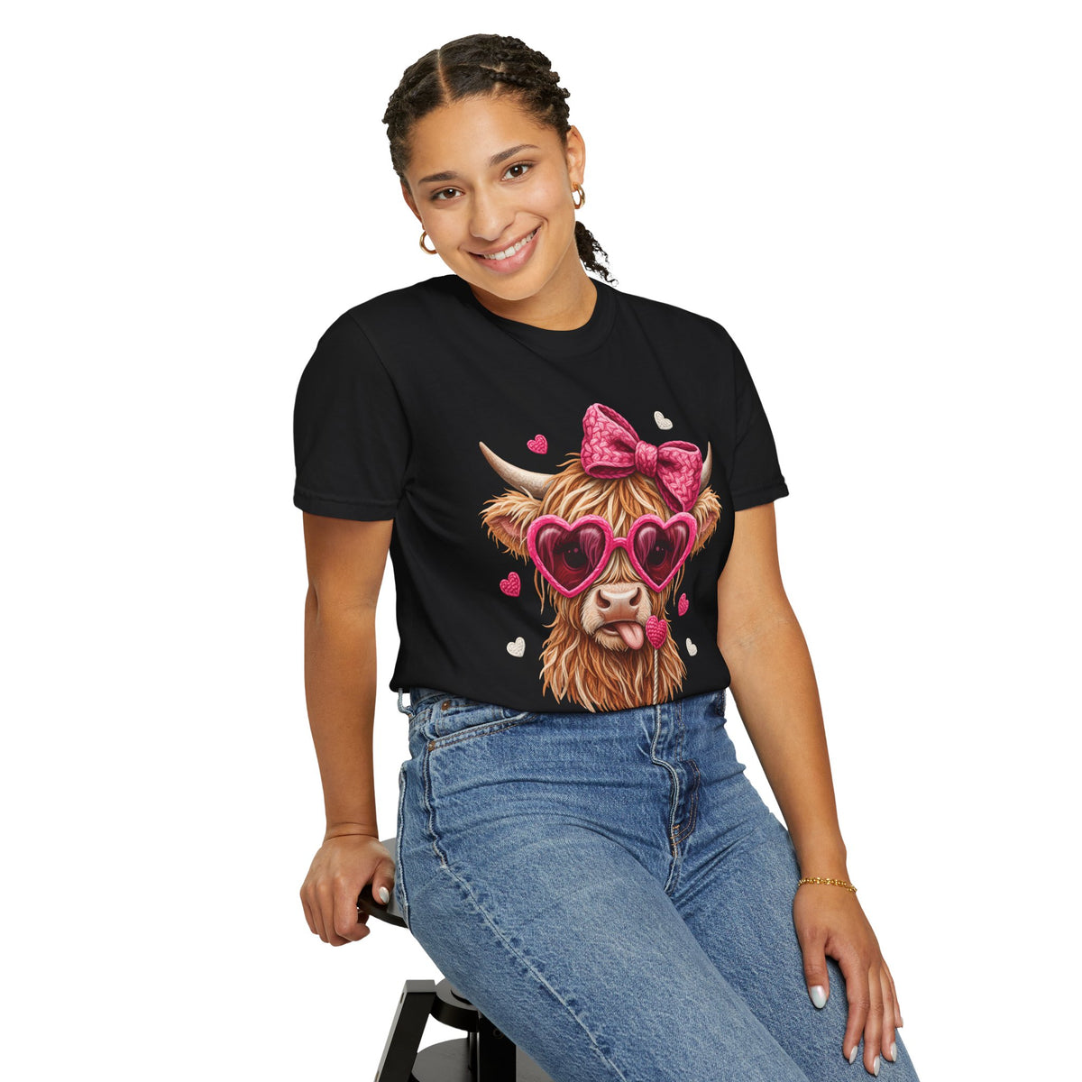 Highland Cow - Pink Heart Shaped Glasses - Comfort Colors | Trendy Women's T-Shirt. Direct to Garment. Printed & Shipped in the USA. Unisex Sizes.