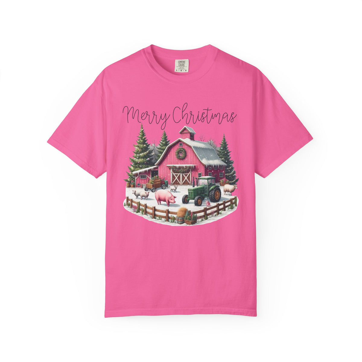 Merry Christmas Pink Barn Farm Animals - Comfort Colors | Trendy Women's T-Shirt. Direct to Garment. Printed & Shipped in the USA. Unisex Sizes.