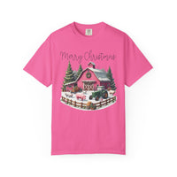 Merry Christmas Pink Barn Farm Animals - Comfort Colors | Trendy Women's T-Shirt. Direct to Garment. Printed & Shipped in the USA. Unisex Sizes.