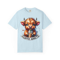 Coffee Addict Highland Cow Drinking Iced Coffee - Comfort Colors | Trendy Women's T-Shirt. Direct to Garment. Printed & Shipped in the USA. Unisex Sizes.