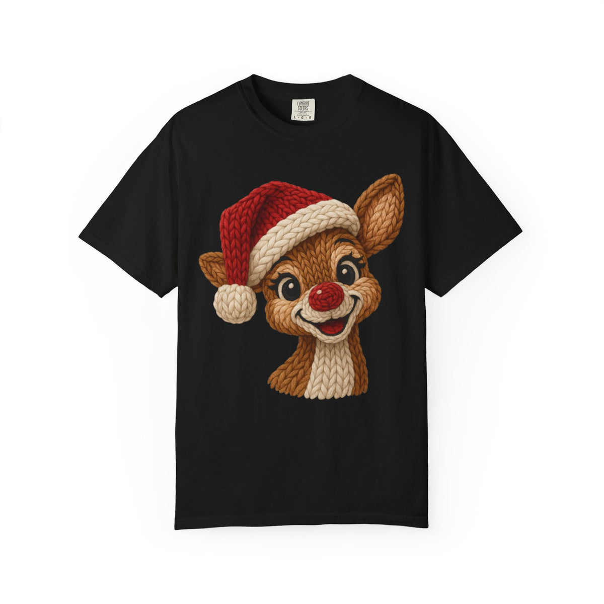 Cute Rudolph Faux Knit Look Reindeer w/Santa Hat - Comfort Colors | Trendy Women's T-Shirt. Direct to Garment. Printed & Shipped in the USA. Unisex Sizes.