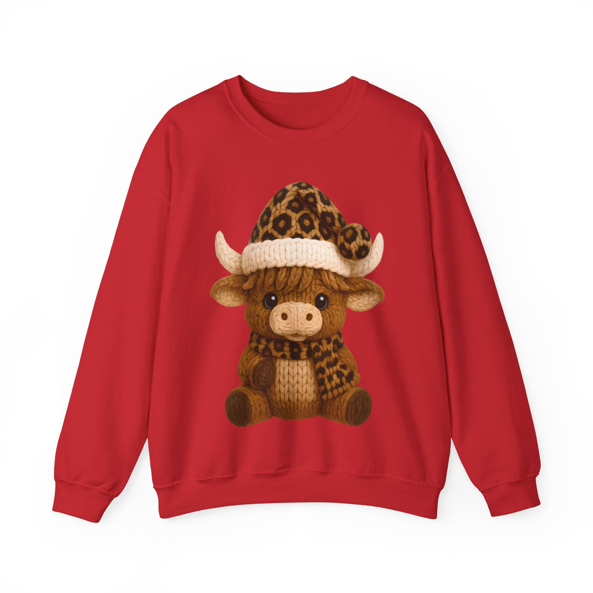 Cute Highland Cow with Leopard Santa Hat Christmas – Gildan Heavy Blend | Trendy Women’s Soft Sweatshirt. Direct to Garment. Printed & Shipped in the USA. Unisex Sizes.