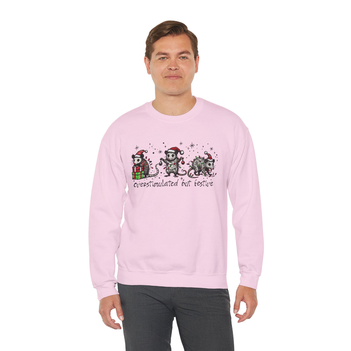 Overstimulated But Festive Christmas Possums – Gildan Heavy Blend | Trendy Women’s and Men's Soft Sweatshirt. Direct to Garment. Printed & Shipped in the USA. Unisex Sizes.