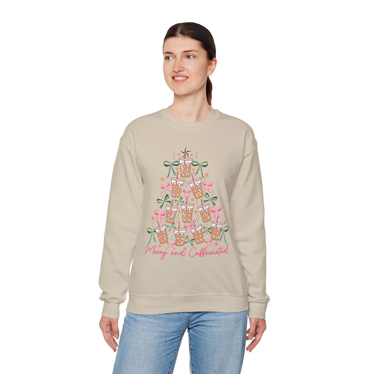 Merry and Caffeinated Iced Coffee Christmas Tree – Gildan Heavy Blend | Trendy Women’s Soft Sweatshirt. Direct to Garment. Printed & Shipped in the USA. Unisex Sizes.