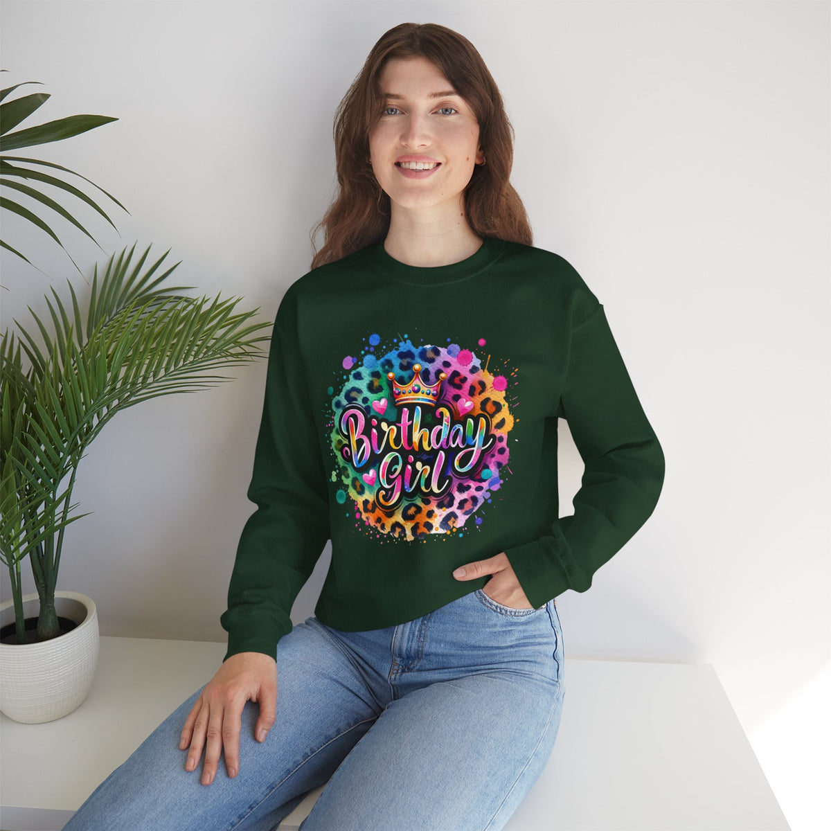 Birthday Girl, Neon Leopard – Gildan Heavy Blend | Trendy Women’s Soft Sweatshirt. Direct to Garment. Printed & Shipped in the USA. Unisex Sizes.