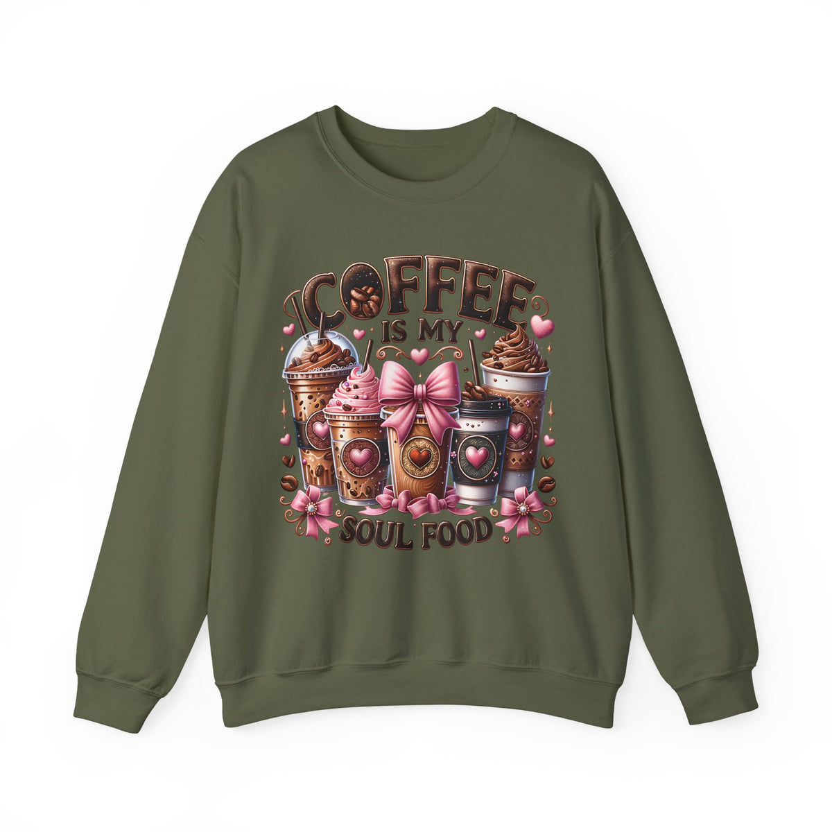 Coffee Is My Soul Food, Iced Coffee, Pink Bow – Gildan Heavy Blend | Trendy Women’s Soft Sweatshirt. Direct to Garment. Printed & Shipped in the USA. Unisex Sizes.