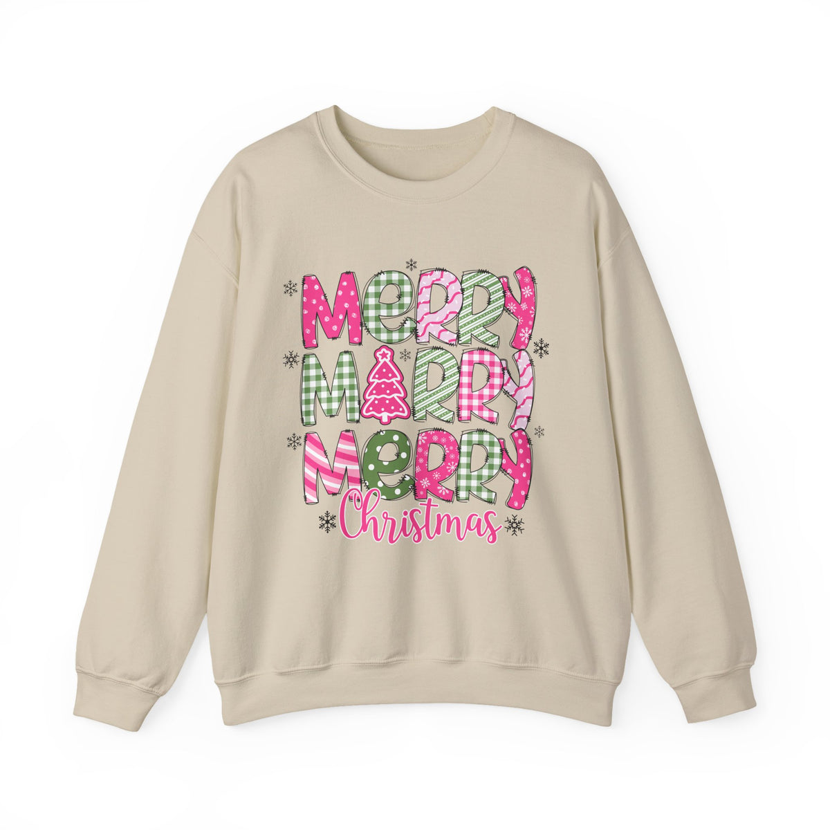 Merry Merry Merry Christmas Festive Candy Cane - Pink and Green – Gildan Heavy Blend | Trendy Women’s Soft Sweatshirt. Direct to Garment. Printed & Shipped in the USA. Unisex Sizes.