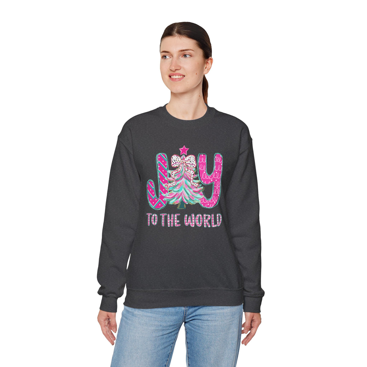 Joy to the World w/Christmas Tree Pink and Teal – Gildan Heavy Blend | Trendy Women’s Soft Sweatshirt. Direct to Garment. Printed & Shipped in the USA. Unisex Sizes.